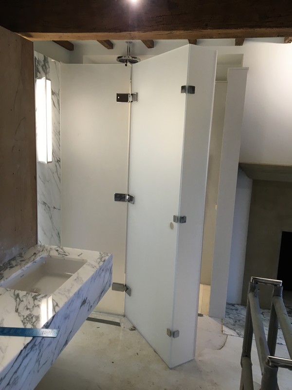 Bespoke frosted glass shower enclosure in Radlett luxury bathroom
